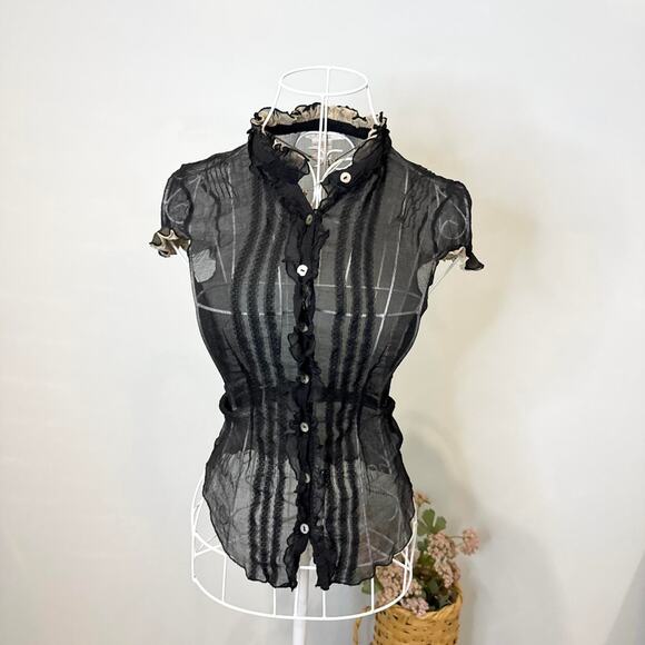 Gorgeous vintage y2k black and tan silk ruffle button up fitted babydoll - Picture 2 of 6